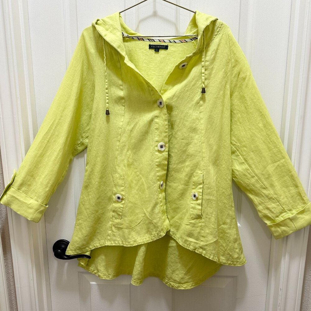 For Cynthia Women’s 100% Linen Hooded Tunic Jacket Size L Green Asymmetrical